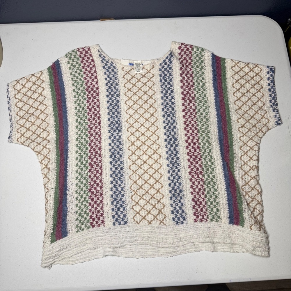 Cape Cod Sportswear Knit Top L Multicolor Striped Lattice Vintage Made in‎ USA